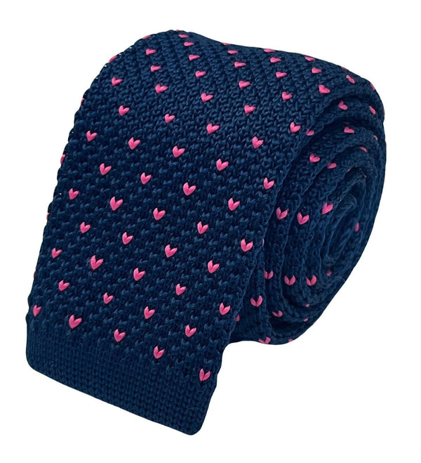 Navy dark blue knitted tie with bright hot pink pin spots